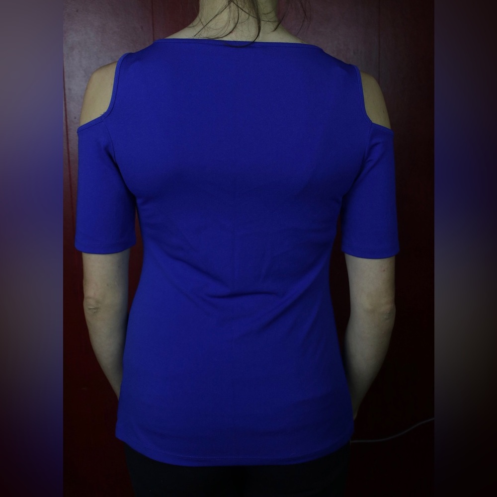 Bold Elements - Blue Criss Cross Cold Shoulder Top - image 3